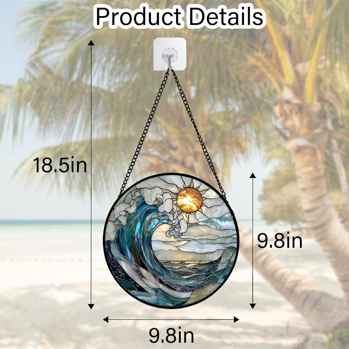 Stained Glass Window Hanging, Blue and White Waves Suncatcher Diamond Glass Panel Landscape Sun