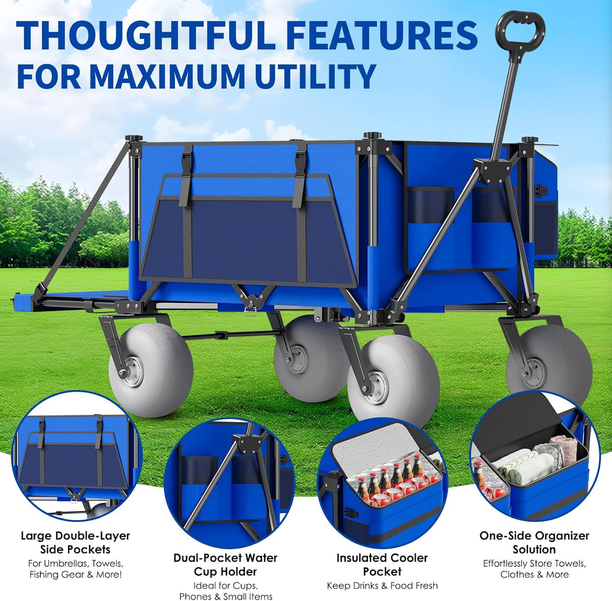 Beach Wagon with Big Wheels for Sand - 450lbs Load Heavy Duty Wagons Carts Foldable with 9" All