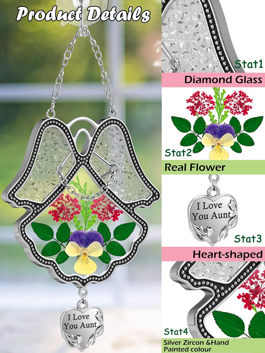 KY&BOSAM Angel Suncatcher I Love You Aunt Stained Glass Panels for Windows Wind Chime with Pressed