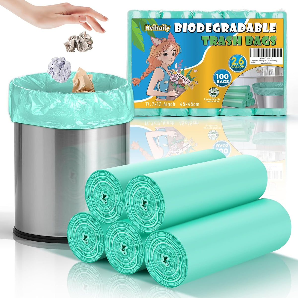 2.6 Gallon Small Trash Bags Bathroom - Green Mini Garbage Bags Biodegradable Compostable 100 Count