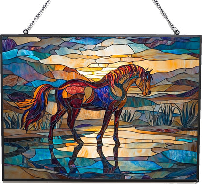 Rectangle Art Nouveau Wild Horse Oasis Stained Glass Window Hanging Customized Suncatcher Glass