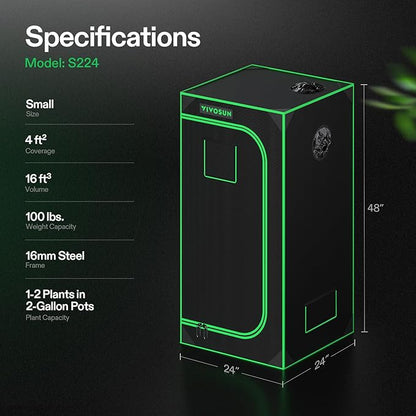 VIVOSUN S224 2x2 Grow Tent, 24"x24"x48" High Reflective Mylar with Observation Window and Floor