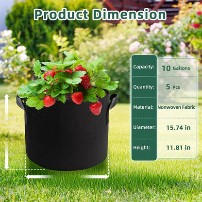 5 Pack 10 Gallon Thickened Grow Bags, Aeration Nonwoven Fabric Planting Bags with Handles, Heavy