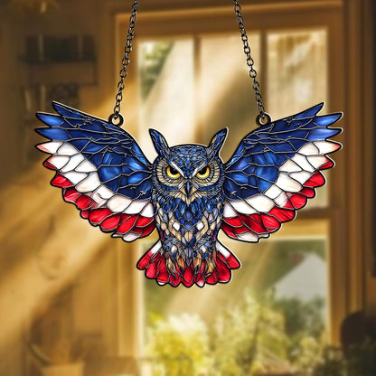 American Flag Owl Suncatcher – Acrylic Suncatcher Window Hanging – Patriotic Owl Decor for Home