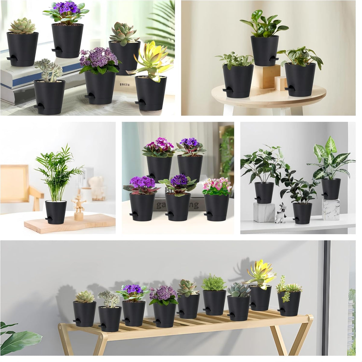 5 Pack 5 inch Self-Watering Pots, African Violets Planter with Drainage Holes and Reservoir, Black