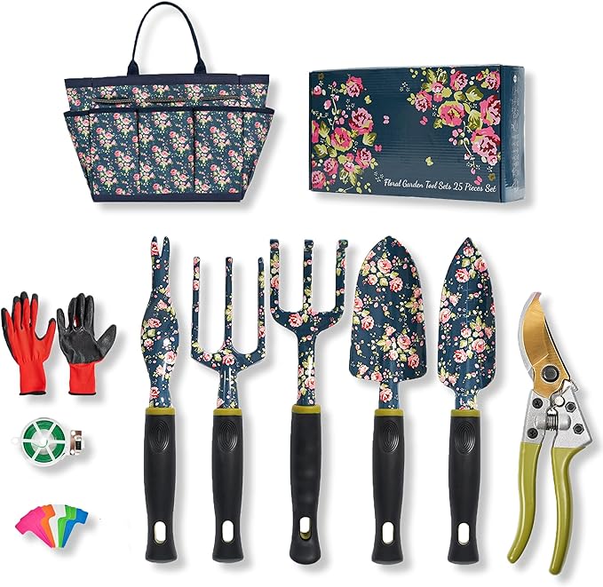 Garden Tool Set, 25Pcs Heavy Duty Floral Garden Tools, Aluminum Rust-Proof Gardening Kit with