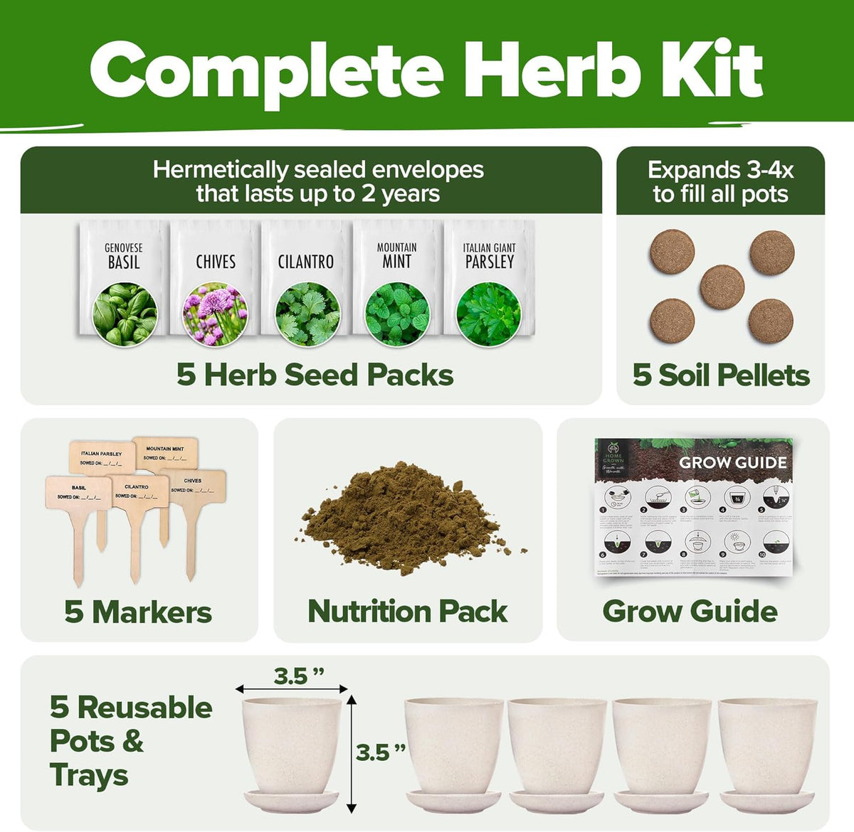 HOME GROWN Indoor Herb Garden Starter Kit - Christmas Gift for Gardeners - Complete 5 Herb Plant