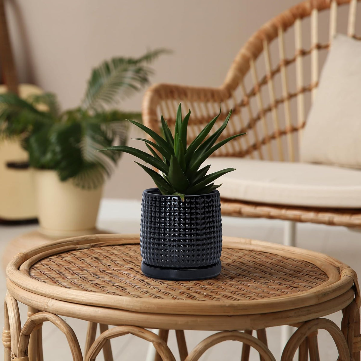 D'vine Dev 4 Inch Ceramic Beaded Stoneware Planter Pot - Flower Pot with Drainage Holes and Saucers