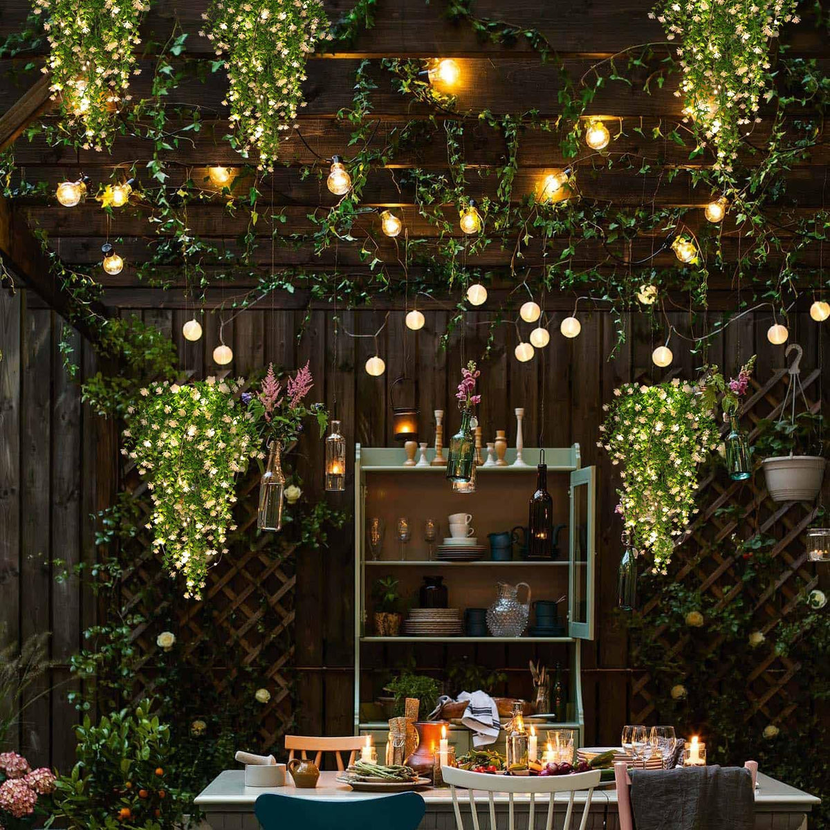 SJL Hanging Faux Plants Indoor 4pcs Fake Flowers Plant Fern with LED Lights Artificial Vines for