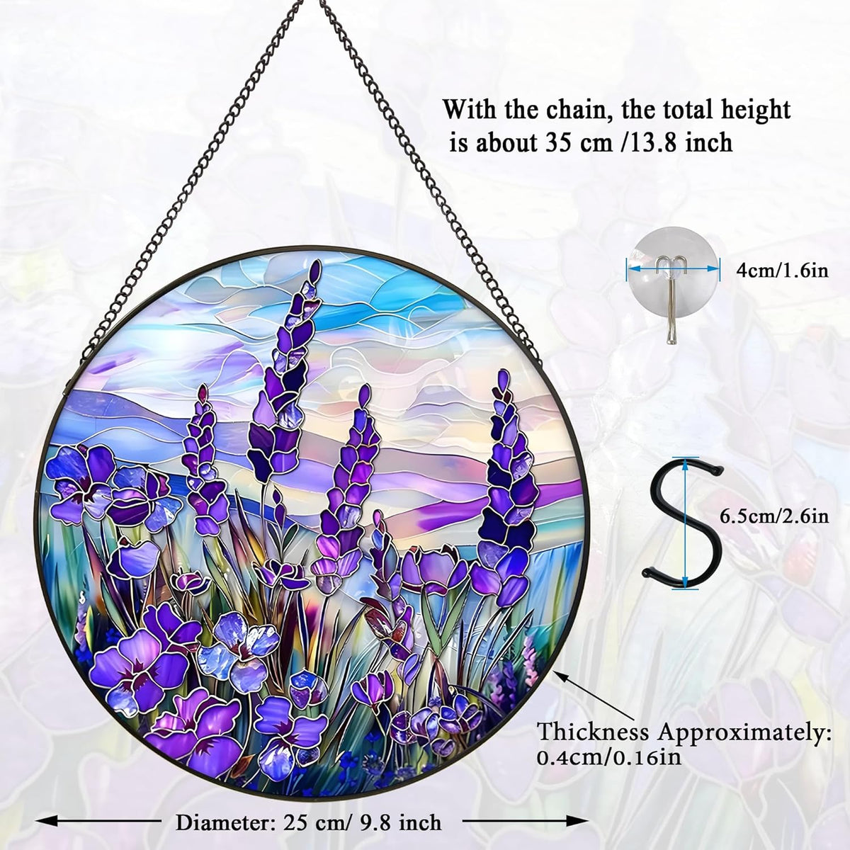Lavender Suncatcher Hanging Stained Glass Window Decor, 9.8''/25CM Texas Bluebonnet Sun Catcher for