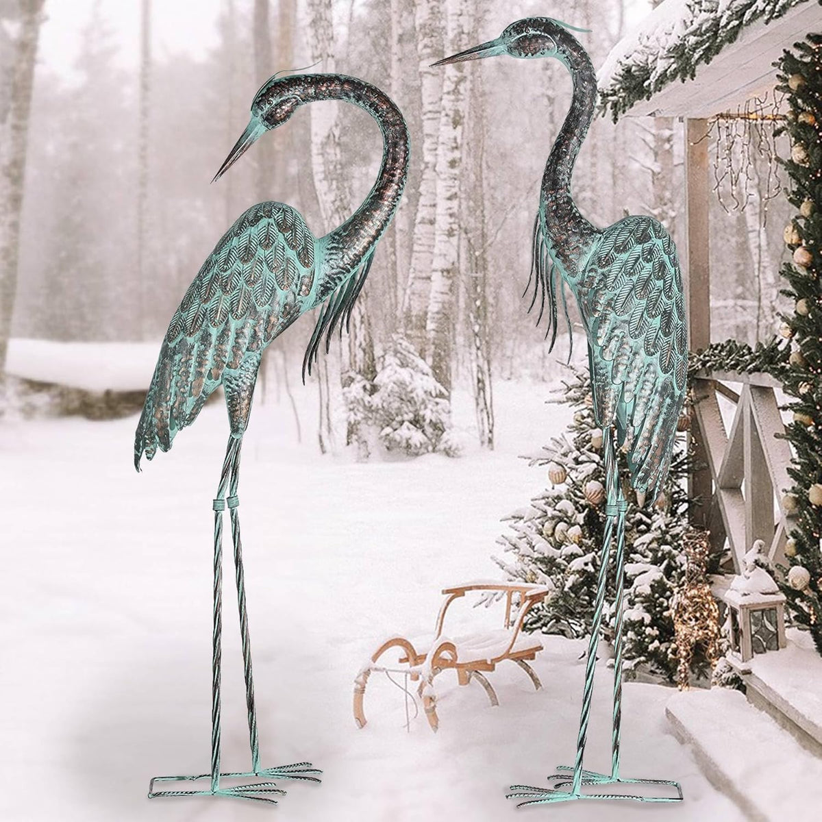 Kircust Garden Crane Statues, Standing Metal Patina Heron Decoy Outdoor Statue, 42-46 Inch Bird