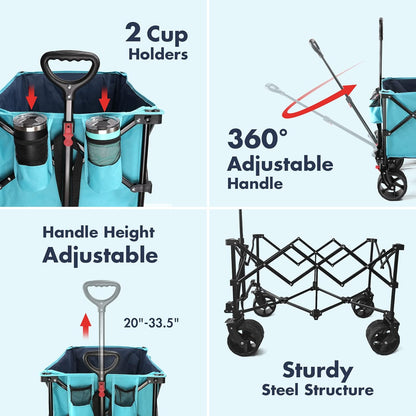 VILLEY Collapsible Folding Wagon with Big Wheels, All Terrain Beach Wagon Cart Heavy Duty Foldable