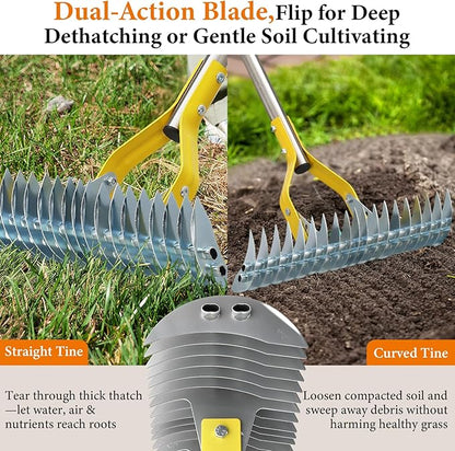 Thatch Rake for Lawns - 15in Dual-Action Dethatching Thatcher Rakes with 55'' Handle,Heavy Duty