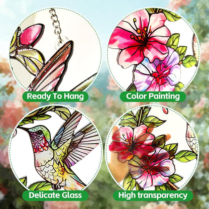 Stained Glass Window Hanging Hummingbird and Flower Suncatcher, Marzovitra 10 Inch Colorful Window