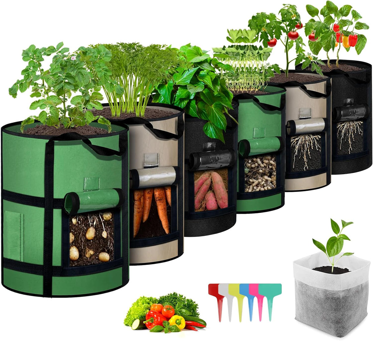 10 Gallon Potato Grow Bags with Viewing Window, 300G Nonwoven Garden Planting Pots, Heavy-Duty