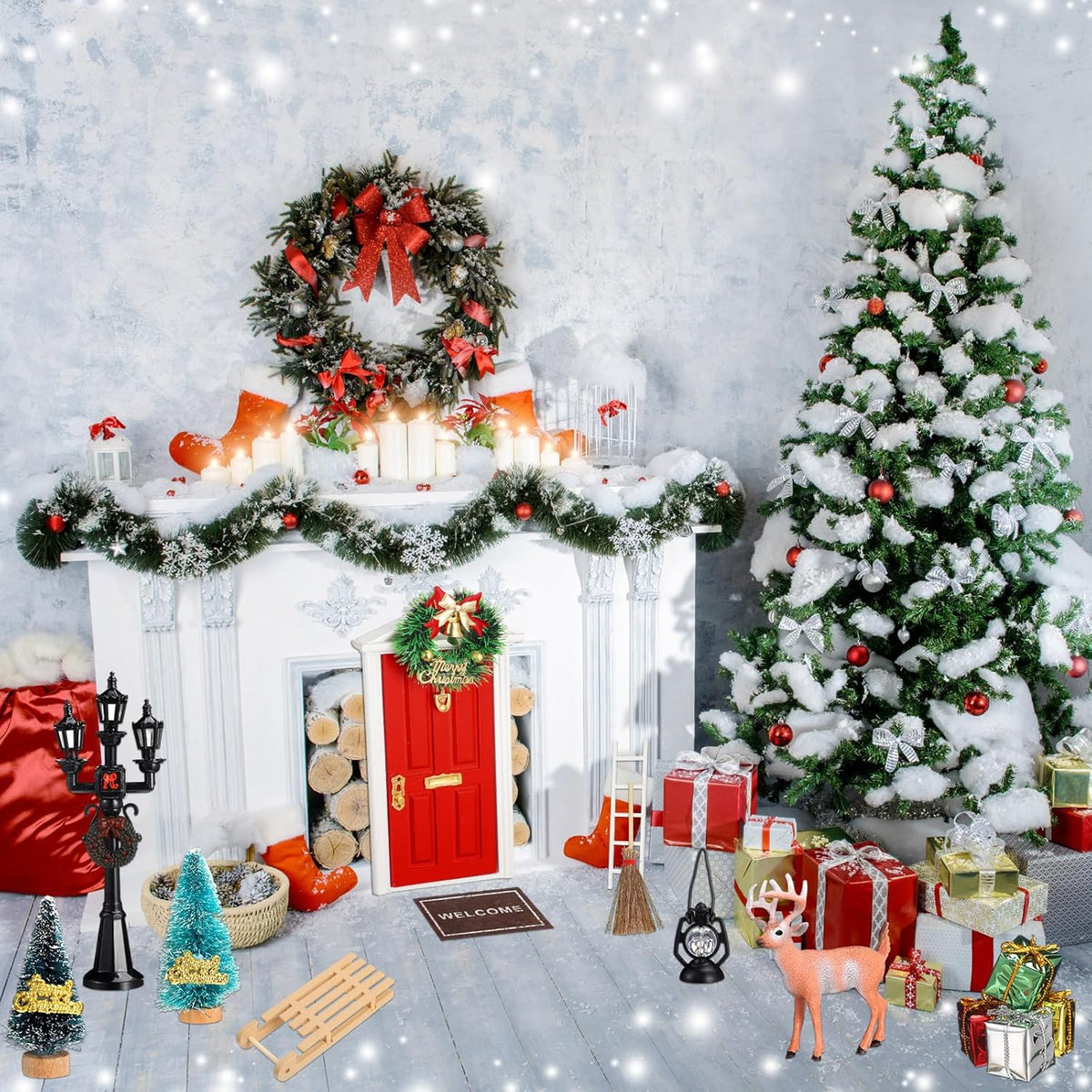 Shappy 39 Pcs Christmas Fairy Door Kit Wooden Elf Fairy Doors Decorations with Accessories Mini