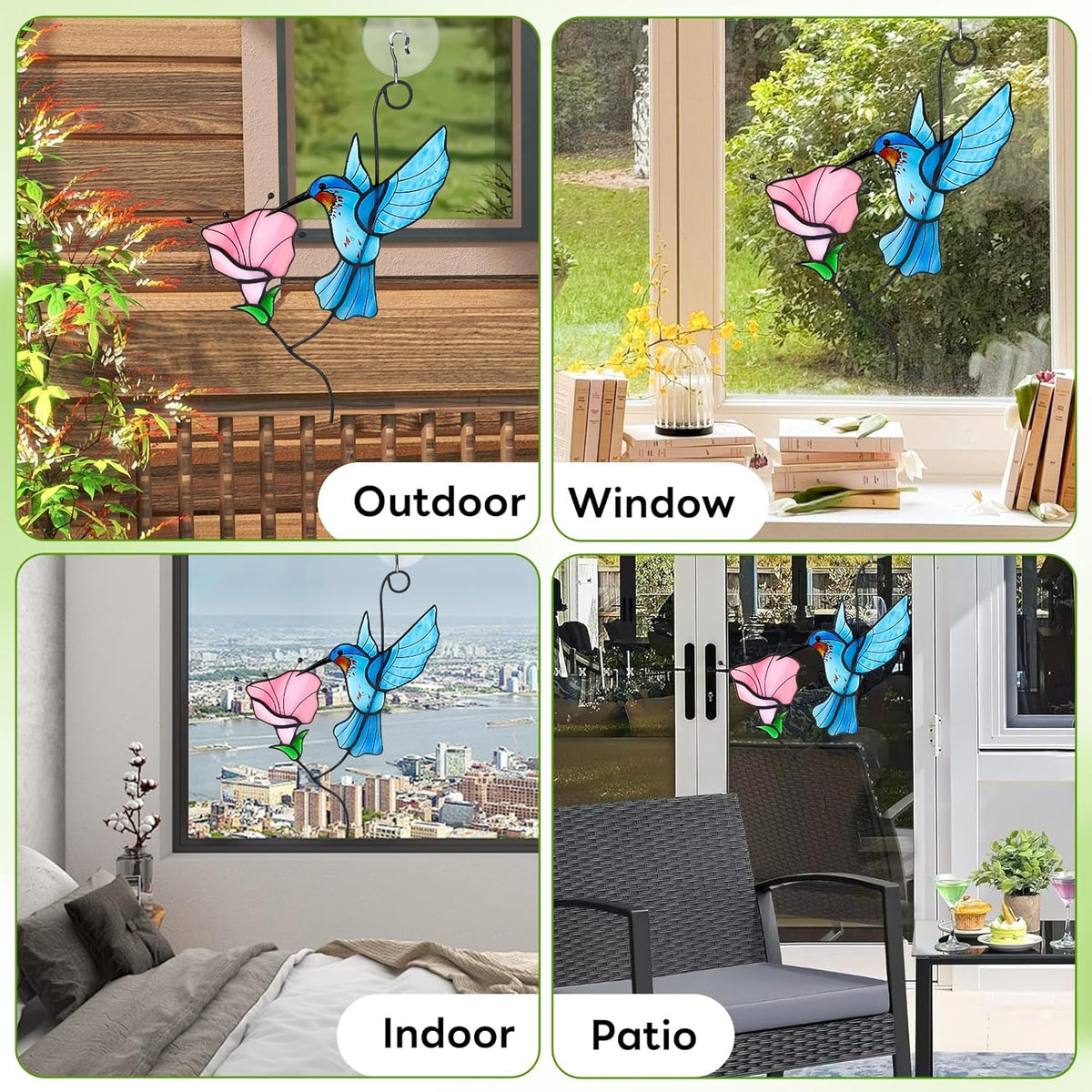 Handmade Stained Glass Hummingbird Suncatcher, Blue Bird with Pink Flower Window Hanging Decor, Art