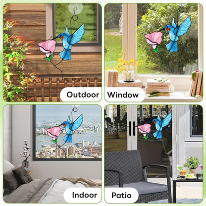 Handmade Stained Glass Hummingbird Suncatcher, Blue Bird with Pink Flower Window Hanging Decor, Art
