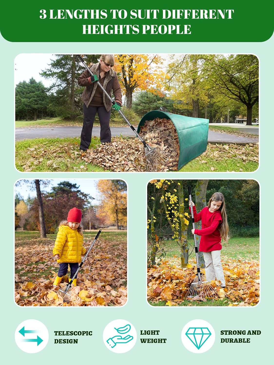 Adjustable Metal Leaf Rake Set Garden Rake for Leaves Long Handle 37"-63" Expandable Head Gardening