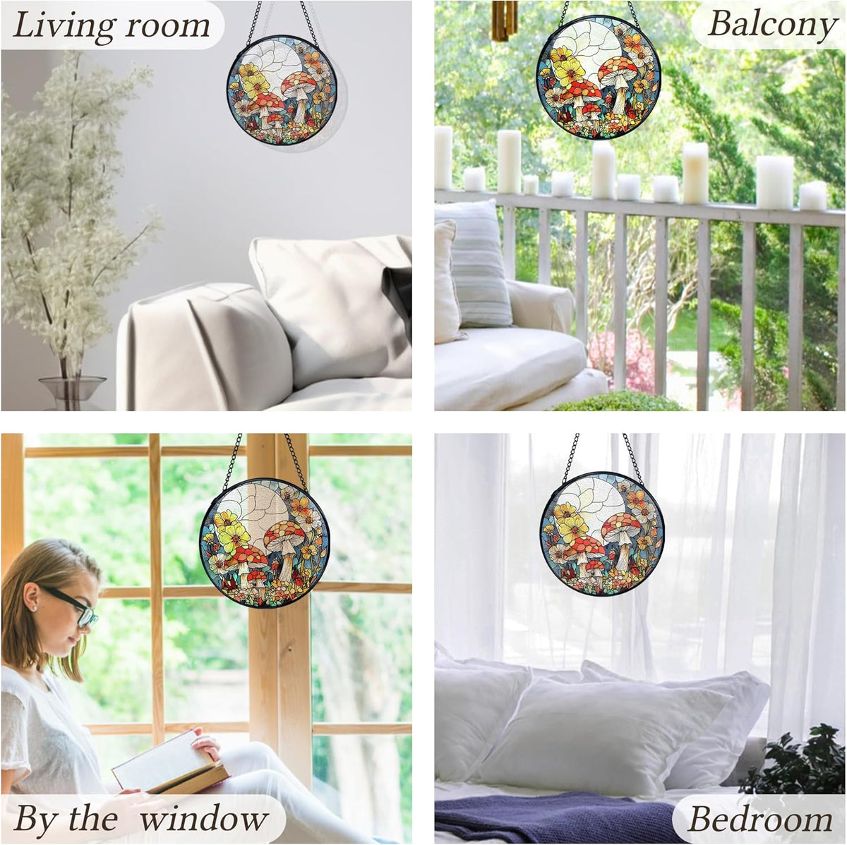 kdqua Mushroom Flower Suncatcher Stained Glass Window Hanging, Full Moon Mushroom Sun Catchers