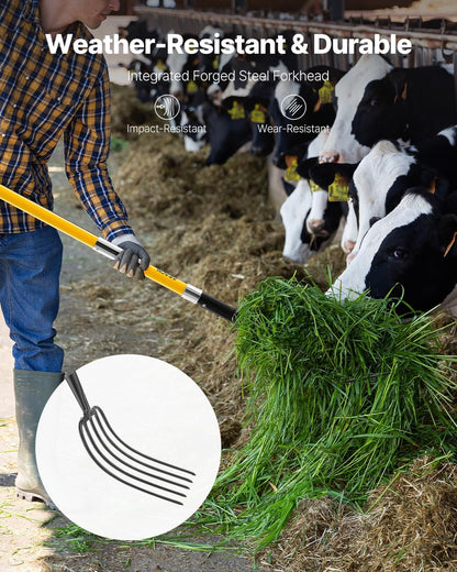VEVOR Garden Fork, 5-Tine Gardening Pitchfork with Fiberglass Handle, 57 in Heavy Duty Digging Fork