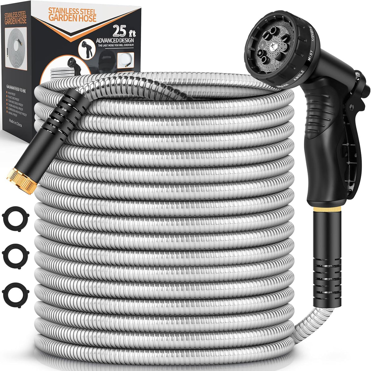 Garden Hose Metal 25FT, Stainless Steel Heavy Duty Water Hose With 10 Function Nozzle, No-Kink