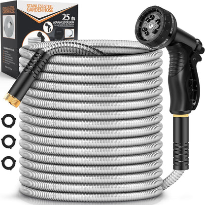 Garden Hose Metal 25FT, Stainless Steel Heavy Duty Water Hose With 10 Function Nozzle, No-Kink