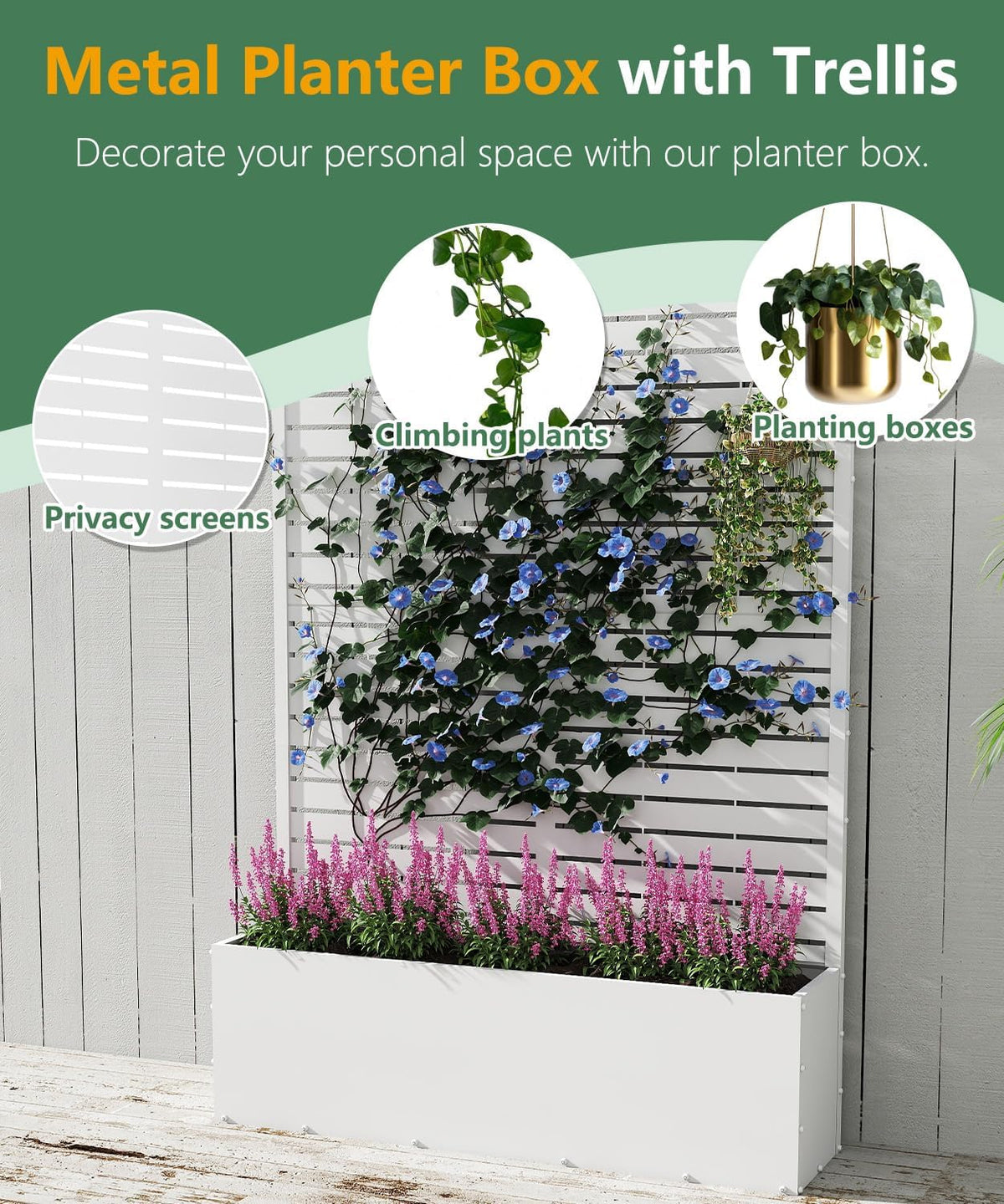 2PCS Metal Planter Box with Trellis,70.9"x47.2"x15.7" Raised Garden Bed with Drainage Holes