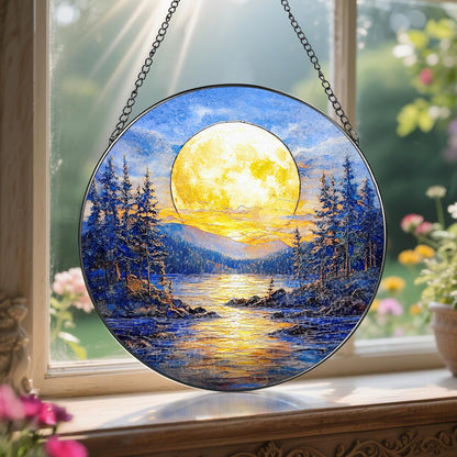 8'' Full Moon Over Forest Lake Suncatcher Ornament, Stained Glass Window Hanging, Sun Catchers for