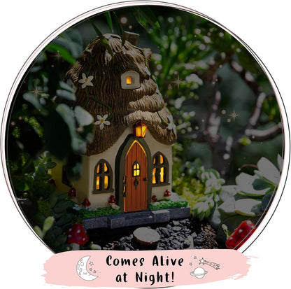 WILD PIXY Fairy Garden House - Glow in The Dark Fairy Cottage with Opening Door and Solar LED