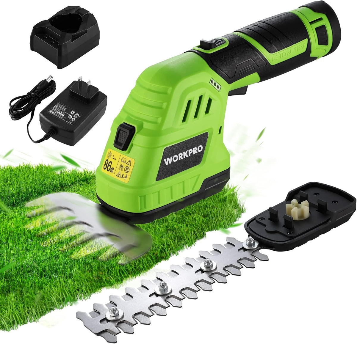 WORKPRO 12V Cordless Grass Shear & Shrubbery Trimmer - 2 in 1 Handheld Hedge Trimmer, Electric