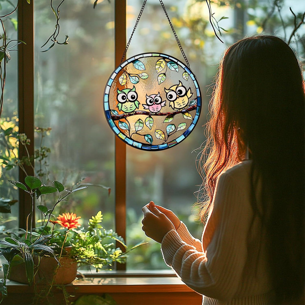 7.87” Owl Stained Glass Suncatcher - Hand-Painted Colorful Owls on Tree Window Hanging with Metal