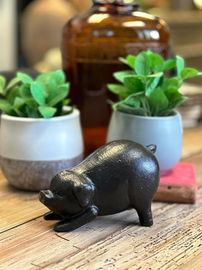 NACH Cast Iron Pig Statue - Rustic Garden Sculpture, Black Door Stop/Paperweight, Head Down Pig