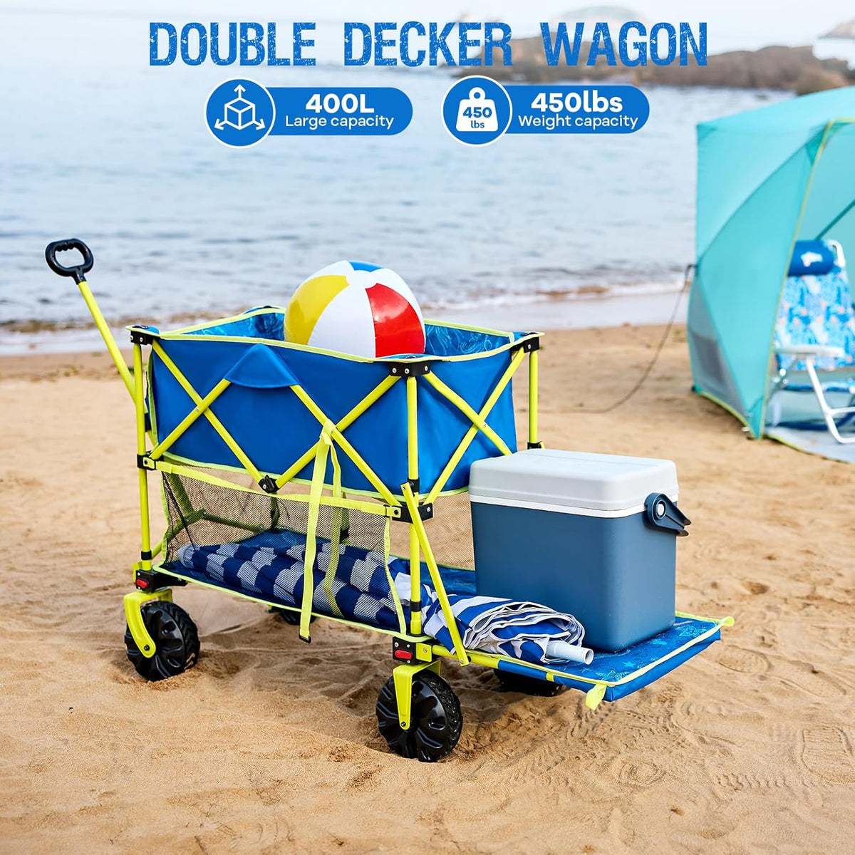 Old Bahama Bay 400L Collapsible Double Decker Beach Wagon with Brakes, Folding Beach Cart with 54"