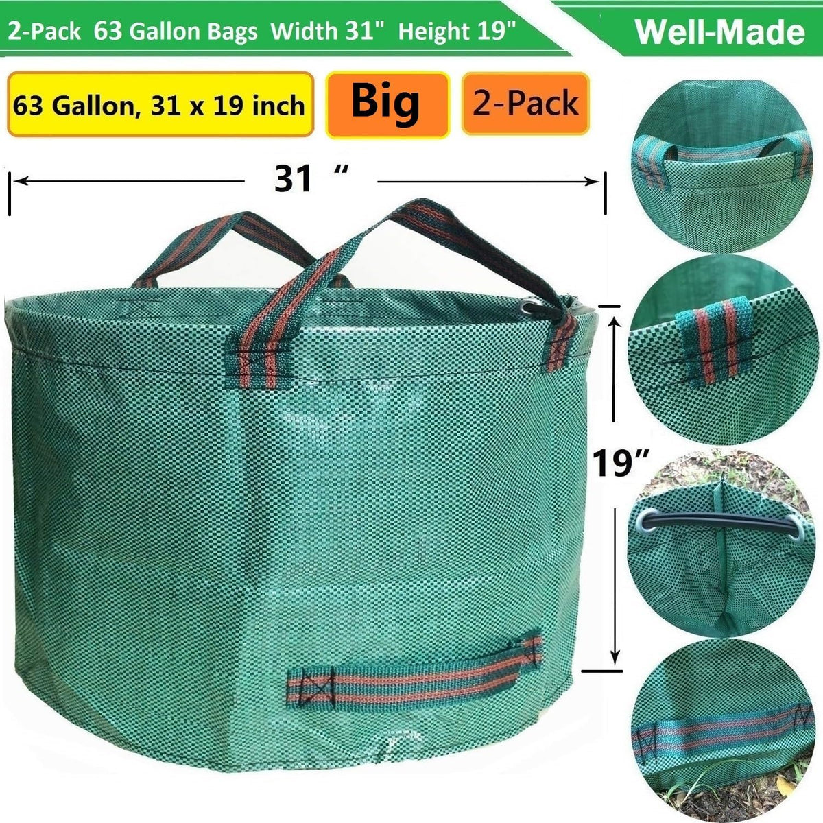 Professional 2-Pack 63 Gallons Lawn Garden Bags Yard Waste Bag (D31, H19 inches) with Gardening