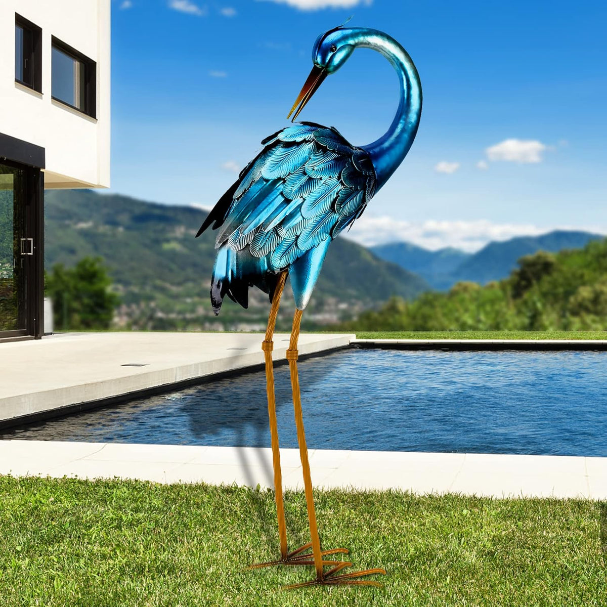 chisheen Crane Garden Statues, Metal Garden Crane Outdoor, Blue Heron Sculpture Metal Yard Art