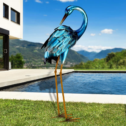 chisheen Crane Garden Statues, Metal Garden Crane Outdoor, Blue Heron Sculpture Metal Yard Art