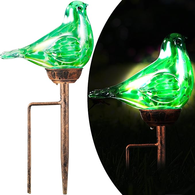 Solar Bird Garden Stake Lights - Hand Blown Glass Decorative Garden Pathway Lights Outdoor