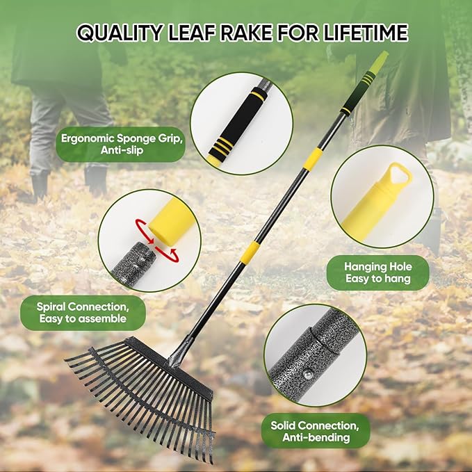 Garden Leaf Rakes, 6FT Rake for Lawns Heavy Duty 25 Metal Tines 18.5 inch Wide, Adjustable Steel