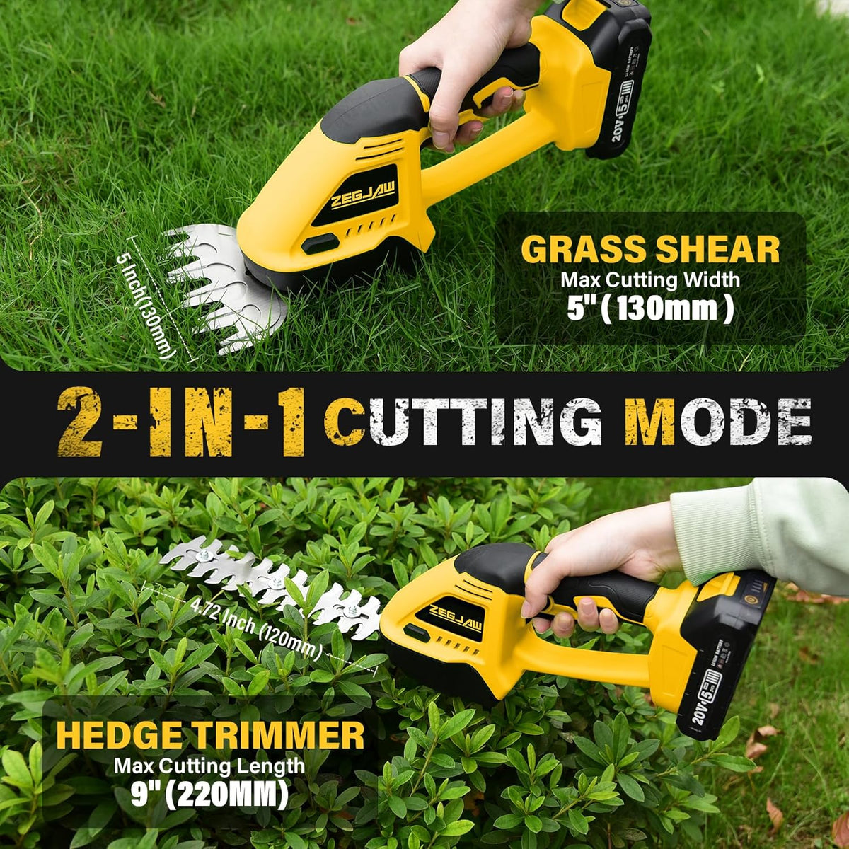 Cordless Hedge Trimmer, 2 in 1 Handheld Electric Grass Shear, 20V Power Tool for Efficient Yard