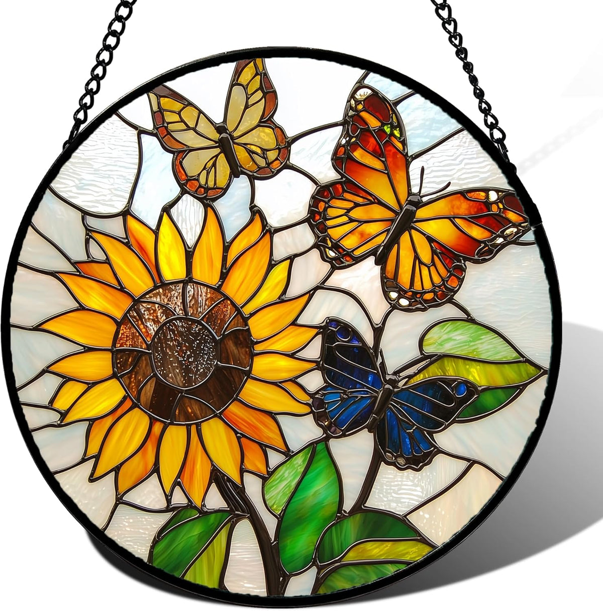 Stained Glass Window Hanging, Butterfly and Sunflowers Sun Catchers Glass Panel Plant Insects