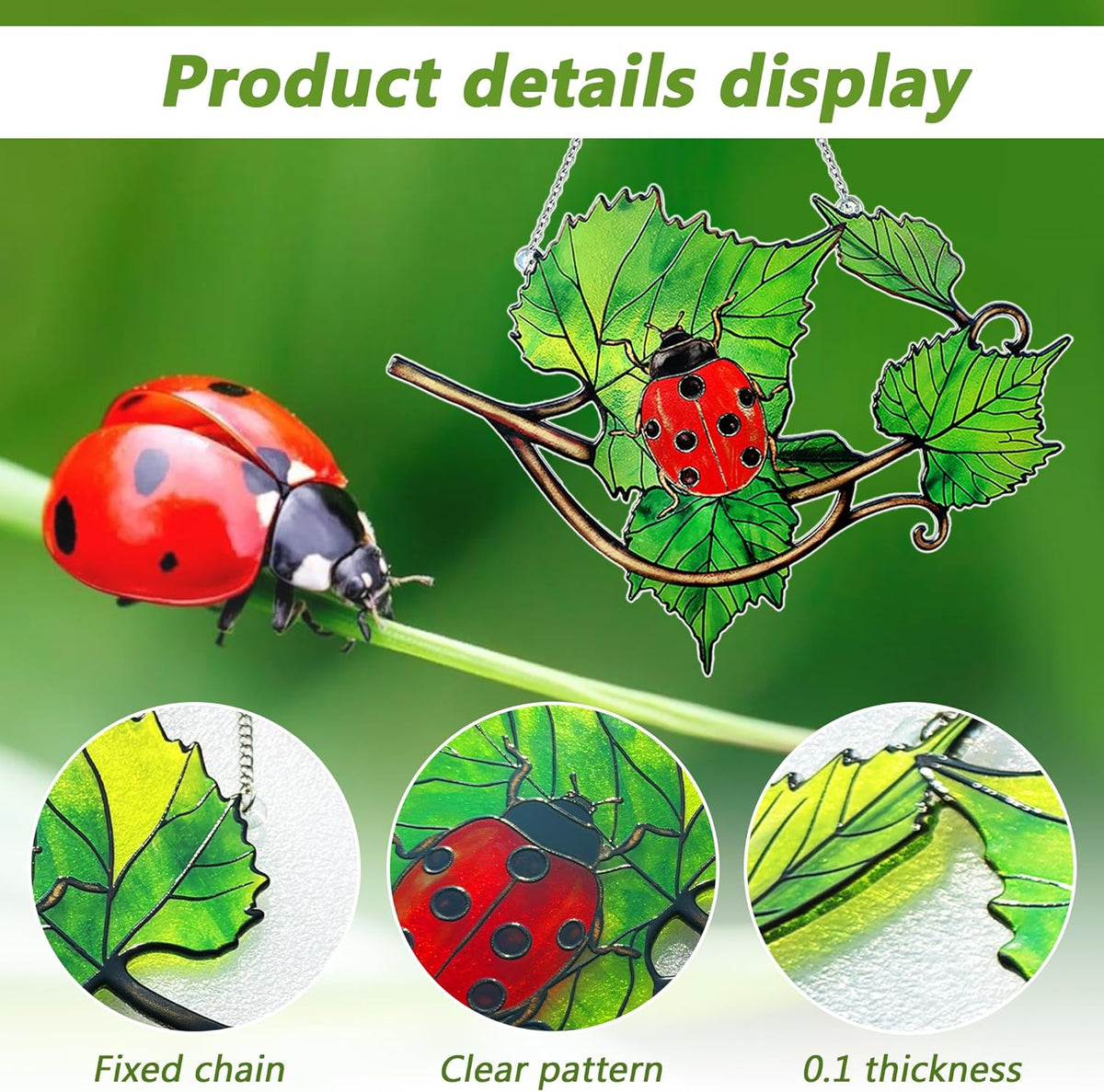 Stained Glass Suncatcher Window Hanging, Ladybug Sun Catchers Indoor Window, Green Leaves and