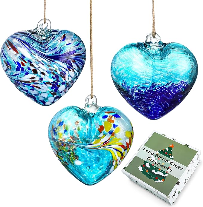 Set of 3 Handmade Glass Heart Ornaments 3.9 Inch Blue Friendship Heart Decor for Garden Home