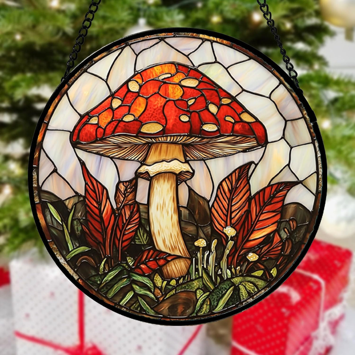 Stained Glass Window Hanging, Big Red Mushroom Suncatcher for Doors Home Sun Catchers Decoration