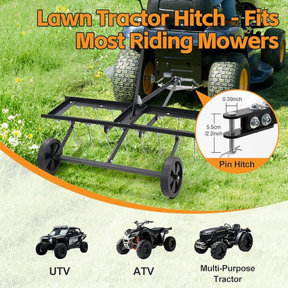 Tow Behind Dethatcher: 40inch Pull Behind Lawn Rake with 20 Spring Steel Tines Heavy Duty Lawn