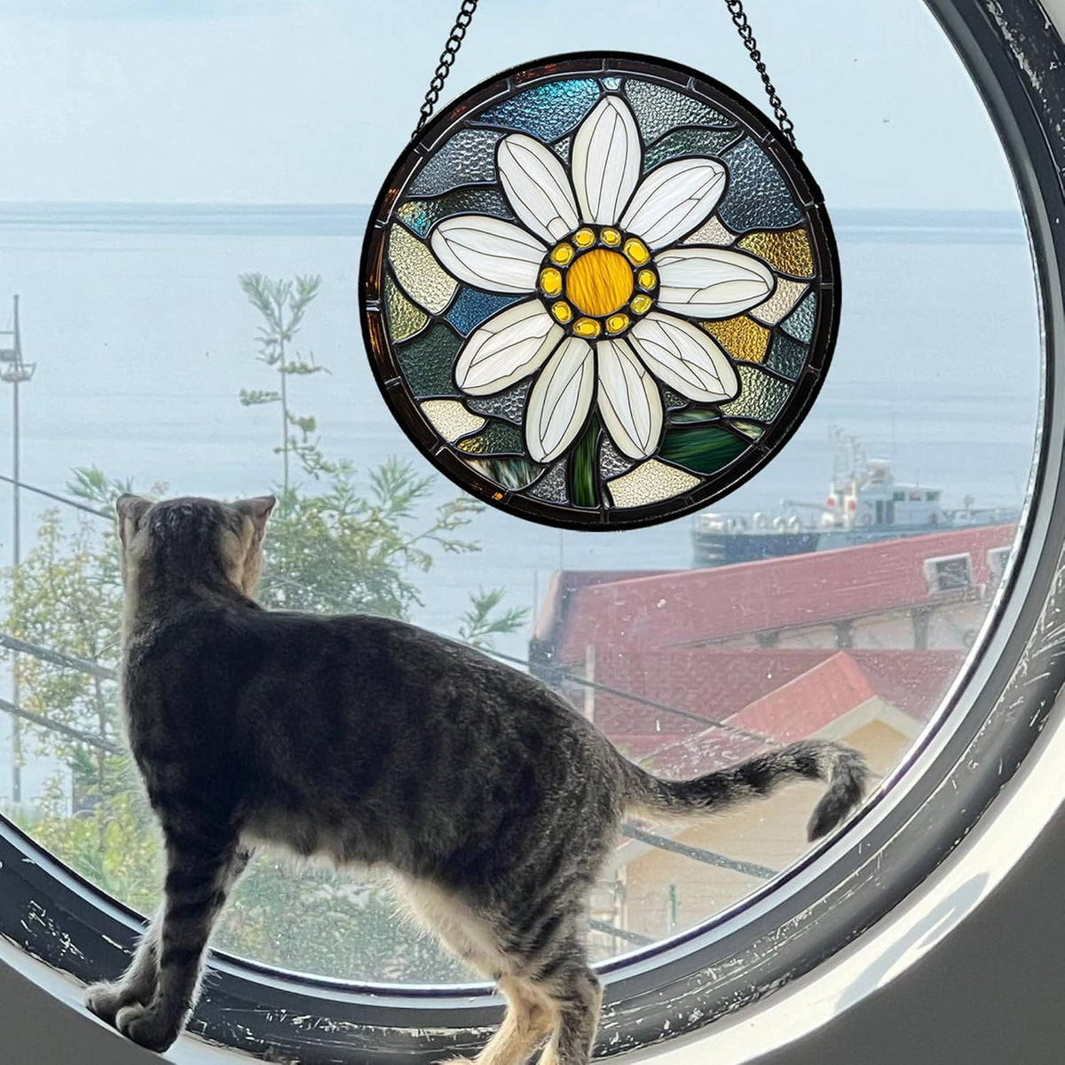 Stained Glass Window Hanging - Yellow White Daisy Birth Flower Suncatcher for Door Garden Yard Sun
