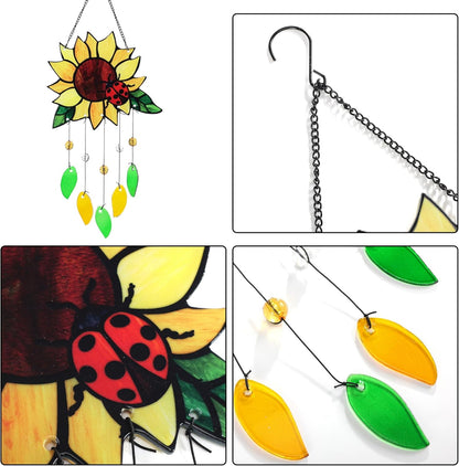 Stained Glass Suncatcher, Sunflower and Ladybug Window Hanging, 20 x 8 inches, Hand-Painted (Style