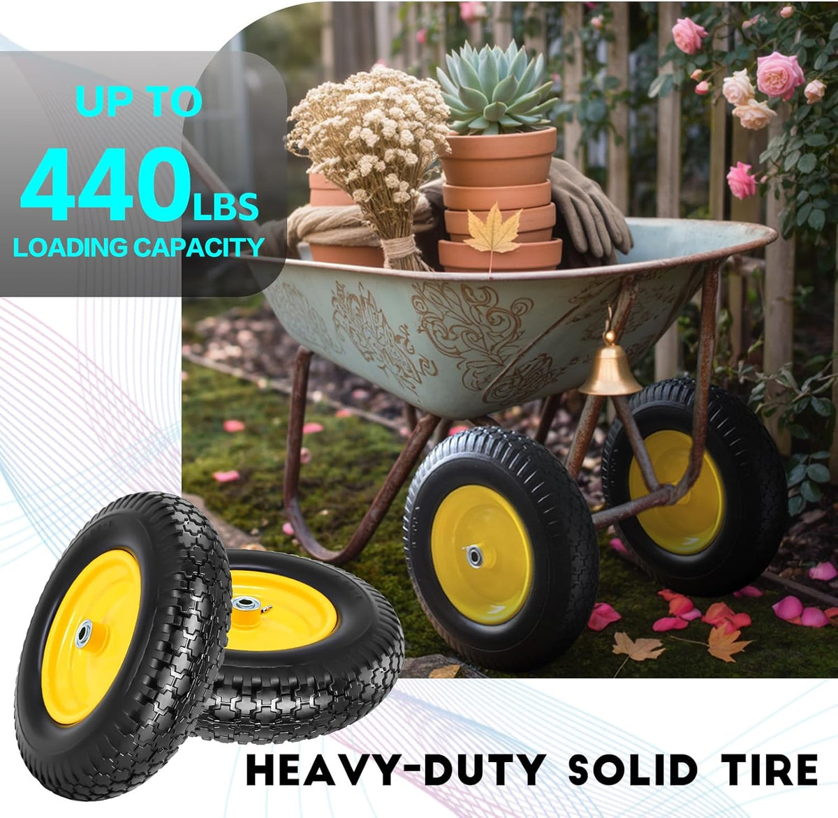 16" 4.80/4.00-8" Flat-Free Solid Wheelbarrow Wheel and Tire, 3"-7"Centered Hub with 5/8"&3/4"