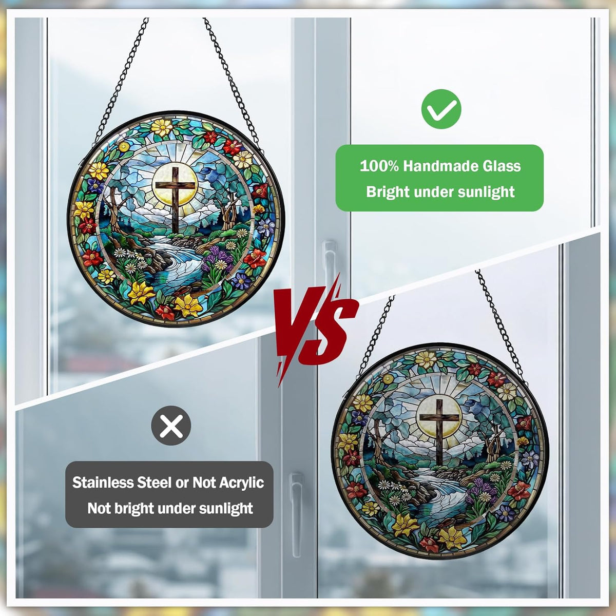 Cross Stained Glass Window Hanging, Wildflower Suncatcher Diamond Glass Panel Hangings, Sun