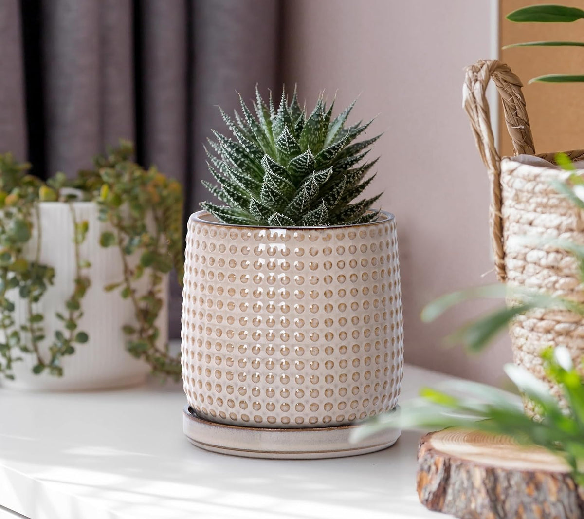 D'vine Dev 4 Inch Ceramic Beaded Stoneware Planter Pot - Flower Pot with Drainage Holes and Saucers